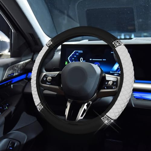 Bling Soft Leather Steering Wheel Cover, 15 Inch Colorful Rhinestones Auto Elastic Steering Wheel Protector for Women Girls, Car Accessories Anti Slip Steering Wheel Cover for Cars, SUVs (White)