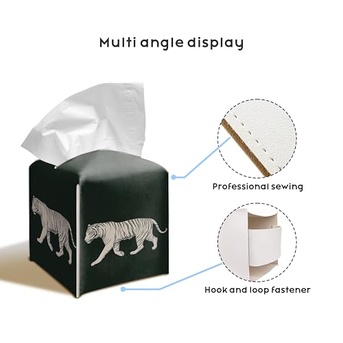 Tiger 5.2-Inch Square PU Leather Tissue Box Cover – Tiger Print, Tiger Decor, Hand-Stitched, Removable Liner, Bathroom, Bedroom, Living Room, Office, Car - color: White