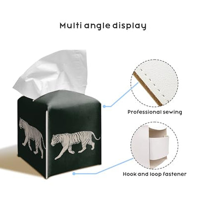Tiger 5.2-Inch Square PU Leather Tissue Box Cover – Tiger Print, Tiger Decor, Hand-Stitched, Removable Liner, Bathroom, Bedroom, Living Room, Office, Car - color: White