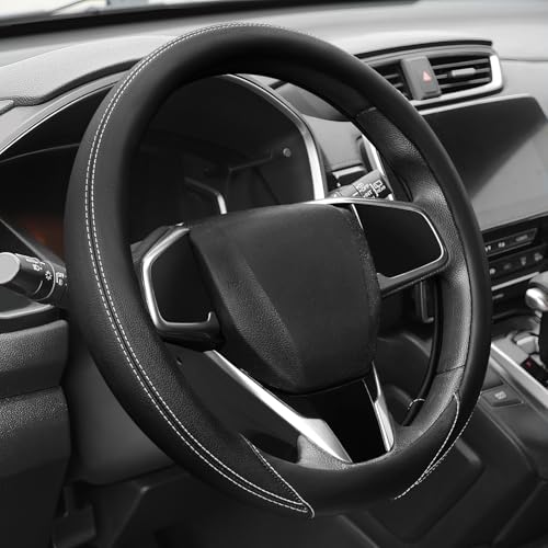 Auto Dynasty Steering Wheel Cover, Breathable Microfiber Leather Car Steering Wheel Protector with White Stitched, [14 1/2 to 15 Inches] Universal Fit Cars Trucks SUVs - color: Stitched White A