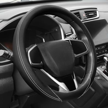 Auto Dynasty Steering Wheel Cover, Breathable Microfiber Leather Car Steering Wheel Protector with White Stitched, [14 1/2 to 15 Inches] Universal Fit Cars Trucks SUVs - color: Stitched White A