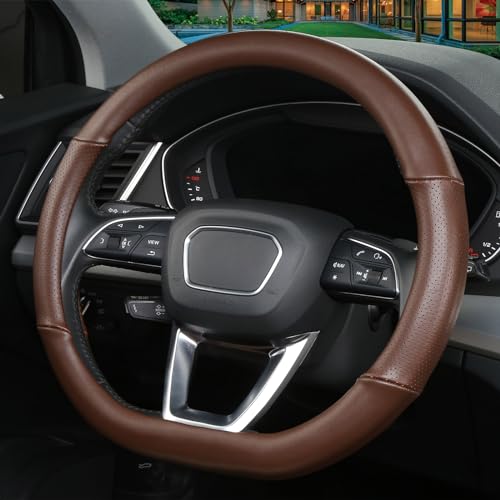 D Shaped Steering Wheel Cover, Genuine Leather Flat Bottom Stearing Wheel Cover Luxury Car Accessories 14 1/2-15 inch (Brown)