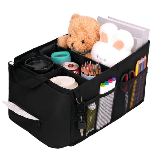 HEYSKAY Car Seat Organizer-Passenger Seat Organizer, Collapsible Small Car Seat Organizer for Console Front/Back, Car Caddy with 4pc Drink Holders Automotive Backseat Organizer for Kids - color: Black