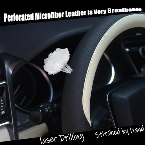 Steering Wheel Cover Universal Standard Size 14.5-15 inch, Non-Folding Packaging, Microfiber Leather, Anti-Slip, Soft Grip, Fits Most Cars SUVs Trucks, Black and Light Creamy White - color: Black and Light Creamy White