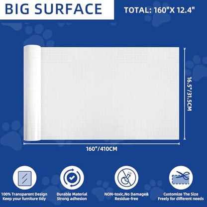 TOOSOFt Anti Cat Scratch Furniture Protector Clear Thicken Vinyl 160"x12.4" Couch Protector from Cat Claws - Single Sided Sticky Flexible Dog Tape for Furniture, for Couch Corner Door Walls Bed
