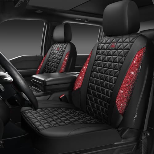 CAR PASS Bling Diamond Black Leather Car Seat Covers for 2 Front Interior Sets, Waterproof Shining Glitter Sparkly Crystal Universal Armrest Fit Automotive Truck SUV Cute Women Girl, Red Rhinestone - color: Red Diamond, size: Two Front Seats