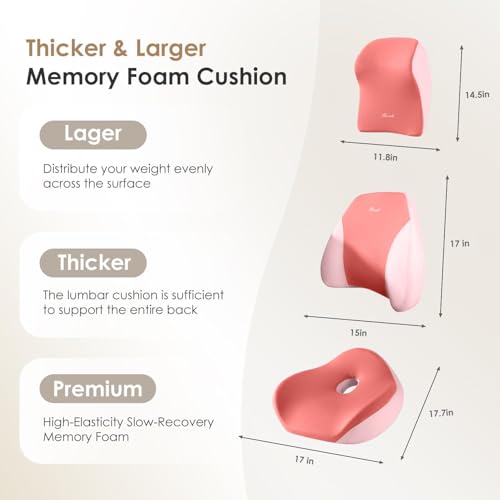 Car Seat Cushion & Lumbar Support Pillow & Car Neck Pillow Ergonomic and 100% Memory Foam, Upgraded Larger and Breathable Car Seat Cushion & Back Support Pillow - Pink - color: B-cushion&lumbar&neck Pillow-pink