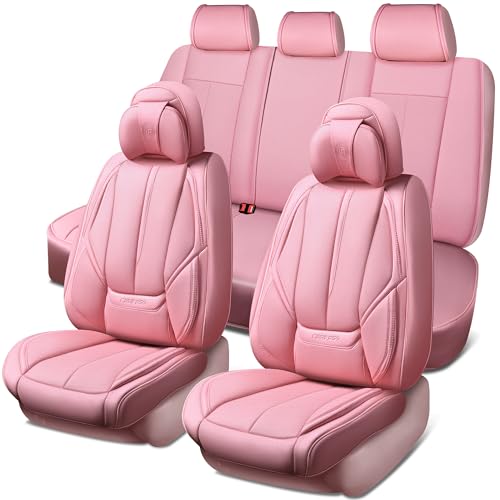CAR PASS Nappa Leather Seat Covers Full Set Cushioned, Universal Waterproof Durable, All Pink Car Seat Covers Leatherette Support Lumbar Women Fit for SUV Pick-up Truck Sedan Cute 5 Seats Solid Pink - color: Pink Full Sets
