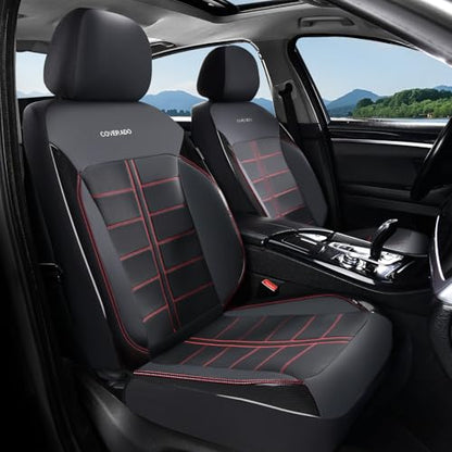 Coverado Front Seat Leather Covers, Full Leather Construction with Carbon Fibre Weave, Universal Fit for Most Cars SUV Trucks (Redline) - color: RedLine, size: Front