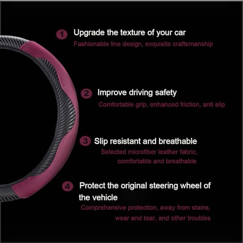 Ultra Fine Carbon Fiber Leather Steering Wheel Cover, Anti Slip and Sun Protective Protect The Steering Wheel, Easy to Install,Universal of 14.5"-15" (Wine red) - color: Wine red