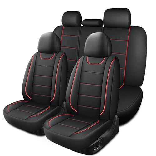 HChengkikz Car Seat Covers, Quilting Leather Seat Covers Full Set, Waterproof Faux Leather Automotive Seat Covers for Cars, Universal Car Seat Protectors Fit for Suvs, Trucks, Airbag Compatible - color: N4 Black Red, size: Full Set
