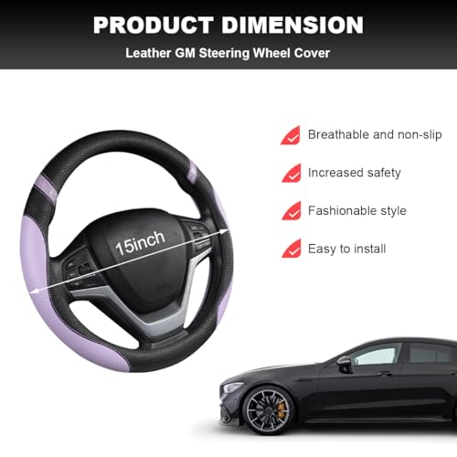 Car Steering Wheel Cover, 15 Inch Premium Leather Breathable Non-Slip Wheels Wrap, Universal Auto Comfortable Steering Wheel Protector for SUV Truck Van, Car Accessories (Purple)
