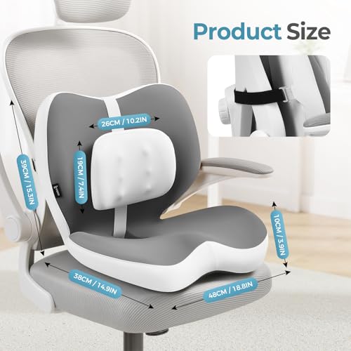 2 in1 Truck Seat Cushion and Lumbar Support Pillow Memory Foam Car Seat Cushion with Adjustable Strap for Truck Driver Long Drives, Fits Semi Truck Seat,Car,Office&Gaming Chair(Light Grey)