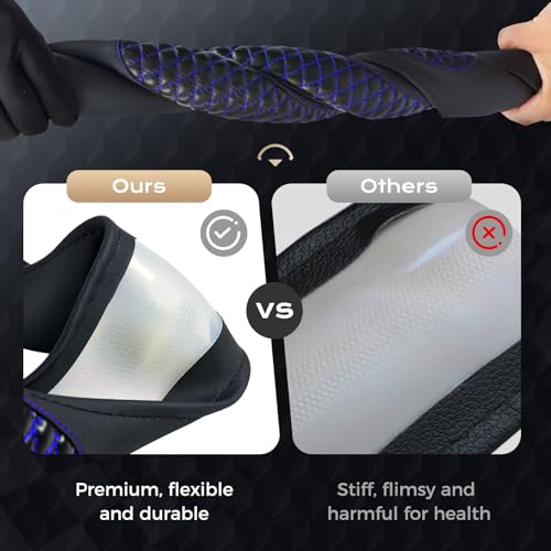 Coverado Car Steering Wheel Cover, Nappa Leather Black & Blueline Steering Wheel Covers, Universal 14-15 inch, Anti-Slip, Breathable Steering Wheel Protector for Women Men - color: C-Blue