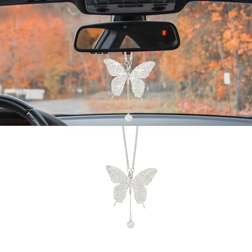 Bling Butterfly Diamond Car Accessories, Crystal Car Rear View Mirror Charms for Women, Car Decoration Lucky Hanging Interior Crystal Ornament Pendant Decor for All Cars (White) - color: White
