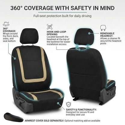 FH Group Car Seat Covers Unique Flat Cloth Full Set Automotive Seat Covers Front Set and Rear Solid Bench Beige Black Seat Covers w. Gift Universal Fit Interior Accessories for Cars Trucks and SUVs - color: Beige