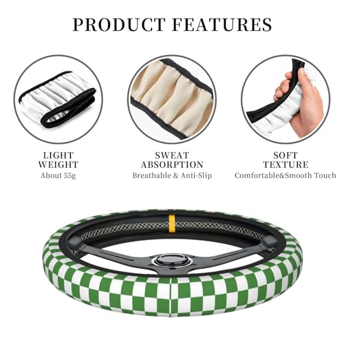 Green and White Checkered Steering Wheel Cover for Women, Universal Auto Steering Wheel 14-15 Inch Car Interior Accessories with 2PCS Car Coasters, Suitable for Men and Women - color: green