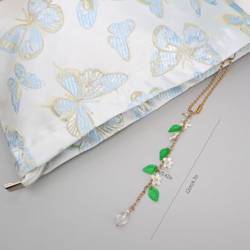 CASONA Jasmine Flower Car Mirror Charm,Cute Rearview Mirror Accessory for Women,Gold Chain with Acrylic Flowers & Green Leaves,Floral Car Decor Gift Aesthetic