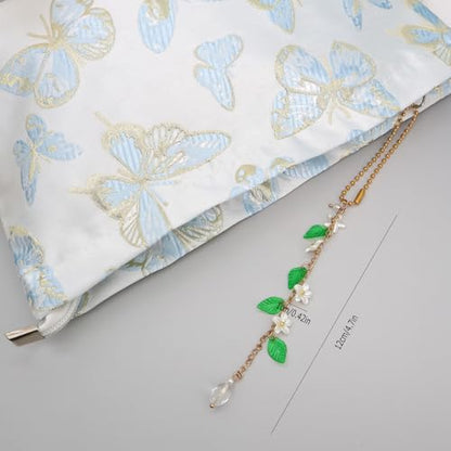 CASONA Jasmine Flower Car Mirror Charm,Cute Rearview Mirror Accessory for Women,Gold Chain with Acrylic Flowers & Green Leaves,Floral Car Decor Gift Aesthetic
