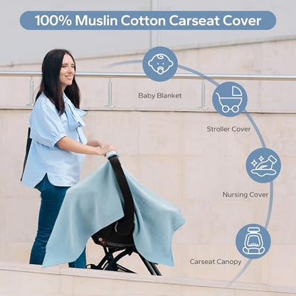 SERAPHY 100% Muslin Cotton Car Seat Cover Baby, Universal Carseat Covers, Breathable Baby Car Seat Canopy for Boys Girls, Soft Infant Car Seat Cover for Summer —Blue - color: Blue