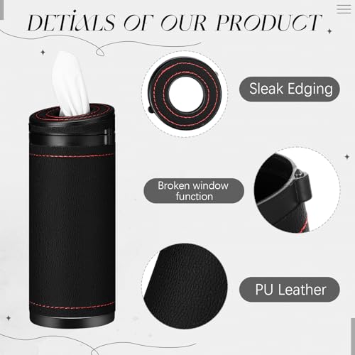 1 Pcs Car Tissues Cylinder Leather Round Container Car Tissues Holder with Tissue Paper with Window Breaker for Vehicle Bathroom Office(Black) - color: Black