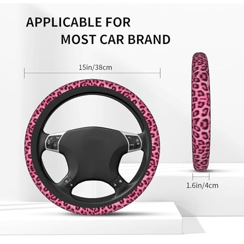 Leopard Print Pink Steering Wheel Cover Universal for 14-15 Inch Anti-Slip Breathable +2 Pieces Car Coasters, Cheetah Print hot Pink Car Wheel Cover for Women Men - color: Leopard pint