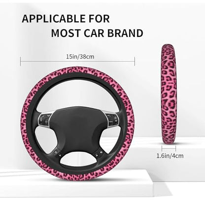 Leopard Print Pink Steering Wheel Cover Universal for 14-15 Inch Anti-Slip Breathable +2 Pieces Car Coasters, Cheetah Print hot Pink Car Wheel Cover for Women Men - color: Leopard pint