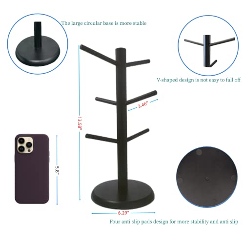Black Coffee Mug Holder, Non-Slip Cup Tree With 6 Hooks for Counter, Rack (Black)