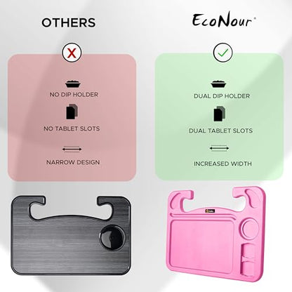 EcoNour 4 in 1 Car Steering Wheel Tray - 2024 Upgraded Pink Tray with Dual Sauce Dip Holder and Tablet Holder | Spacious Steering Wheel Desk for Food and Laptop | Car Accessories (Large) - size: Large-Pink