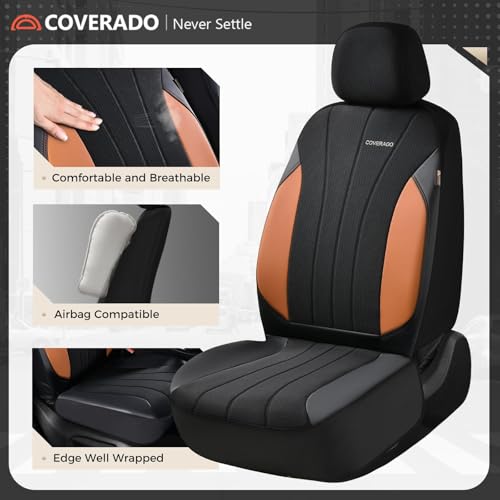 Coverado Seat Covers for Car, Leather Automotive Car Seat Covers 5 Seats, Mesh Breathable Auto Seat Protectors, Brown Seat Covers Universal Fit for SUV, Truck, Vans, Sedan - color: B-Brown&Black
