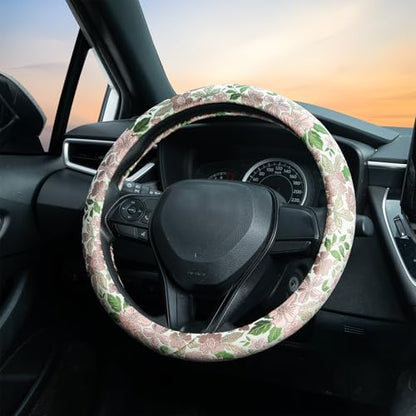 Retro Pink and Purple Flowers Steering Wheel Cover Auto Jacquard Steering Wheel Protector, Anti-Slip, Breathable, Absorbing Sweat, Universal Car Accessories 14.5–15 inch,Fit for Most Car, Trucks, SUV - style: Pink Cherry Blossom