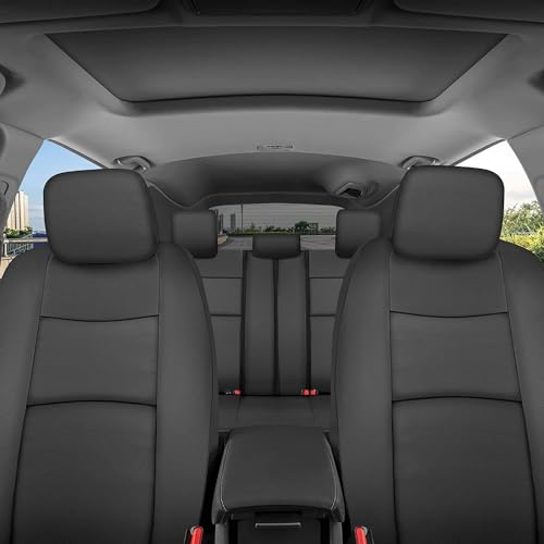 PU Leather Car Seat Covers w/Two-Tone Carpet/Vinyl Trim Car Floor Mats – Front and Back Split Bench Seat Covers, Steering Wheel Cover, Floor Mats for Cars Trucks Vans and SUVs (Black) - color: Black