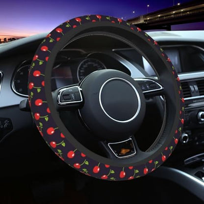 Cute Cherry Steering Wheel Cover for Women Men with 2 Pcs Car Coasters, 15 Inches Neoprene Anti-Slip Cute Universal Red Car Accessories Protective Cover for Vehicle - color: Cute Cherry