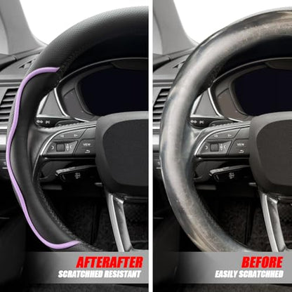Nappa Leather Steering Wheel Cover. Stylish Striped Design, Universal fit for 14.5–15-inch Steering Wheels, Slip-Resistant and Breathable, Protects the Steering Wheel. Black and Purple - color: Black and Purple