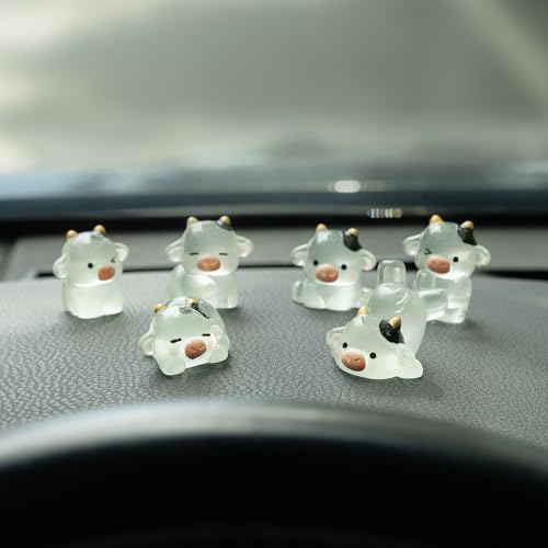 Rislobx Luminous Cow Car Dashboard Decor, 6PCS Cute Cow Dash Decorations, Rear View Mirror Ornament, Interior Accessories - color: Luminous Cow