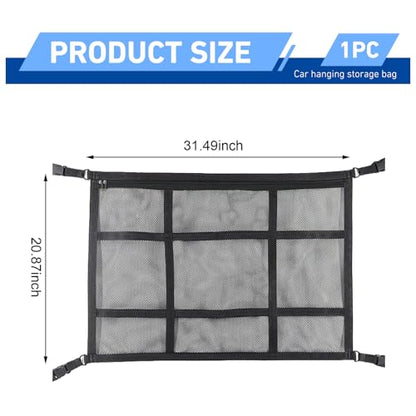 Car Ceiling Cargo Net, 20.87" x 31.49" Snap-on Roof Cargo & Trunk Organizer, Zip Seal Car Roof Storage Net for Road Trips, Universal for Most Cars, SUVs, Trucks (Black)