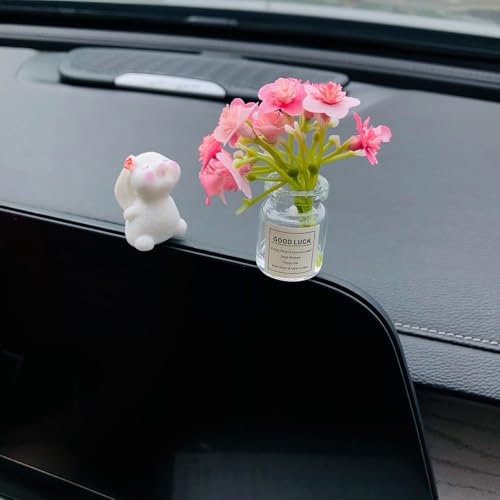 Rabbit Car Dashboard Decorations Accessories Interior for Women Men, Cute Pink Sakura Tree Figurines Ornaments for Car Dash Board Decor Rearview Mirrors Charms Home Office Desk Computer Decoration - color: D10