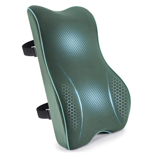 Plush & Comfortable Memory Foam Lumbar Support Pillow - Soft Back Cushion for Office Chair, Car Seat, Gaming Chair - Ergonomic Lower Back Pain Relief with Adjustable Straps & Washable Cover-Dark Green
