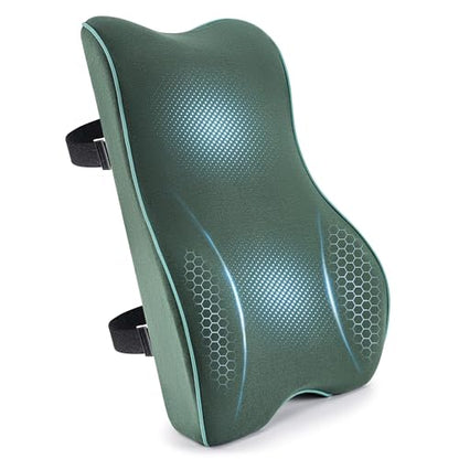Plush & Comfortable Memory Foam Lumbar Support Pillow - Soft Back Cushion for Office Chair, Car Seat, Gaming Chair - Ergonomic Lower Back Pain Relief with Adjustable Straps & Washable Cover-Dark Green