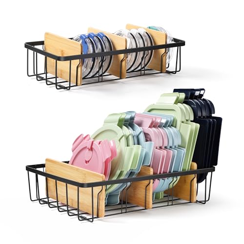2-Pack Adjustable Lid Organizers - Large Kitchen Cabinet Organizer for Food Storage Container and Tumbler Cup Lids with 6 Bamboo Dividers - Organizers in Kitchen/Pantry/Laundry Room - size: 2-Pack Small & Large