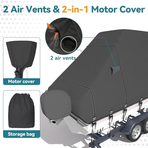 Trailerable T-Top Boat Cover Ture 1200D Solution Dyed Hard Top/T Top Boat Cover with 19 Windproof Straps, Motor Cover Fit 19'-21' Long Beam Width Up to 106" Center Console Boat with T Top Roof
