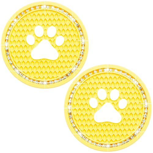 2PCS Bling Car Cup Holder Coaster, Universal Dog/Cat Paw Auto Non-Slip Crystal Rhinestone Cup Holder Coaster, 2.75In Universal Non-Slip Recessed Car Interior Accessories (Yellow & White) - color: Yellow & White, size: 2 pcs