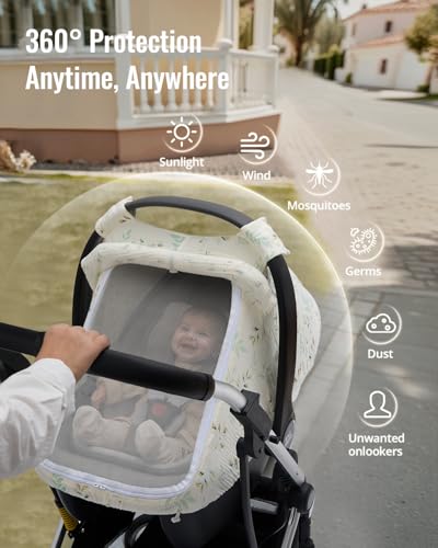 Blissful Diary Baby Car Seat Cover, Extra Large Mesh Window, Breathable Muslin Cotton, Infant Windproof Canopy, Must-Have Baby Gift - Botanical Leaf - color: Botanical Leaf