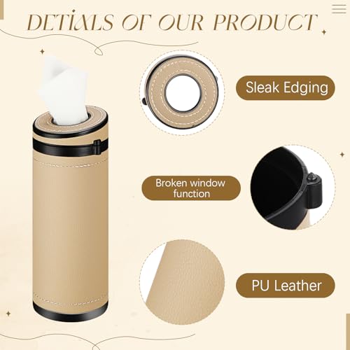 1 Pcs Car Tissues Cylinder Leather Round Container Car Tissues Holder with Tissue Paper with Window Breaker for Vehicle Bathroom Office(Beige) - color: Beige