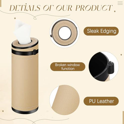 1 Pcs Car Tissues Cylinder Leather Round Container Car Tissues Holder with Tissue Paper with Window Breaker for Vehicle Bathroom Office(Beige) - color: Beige