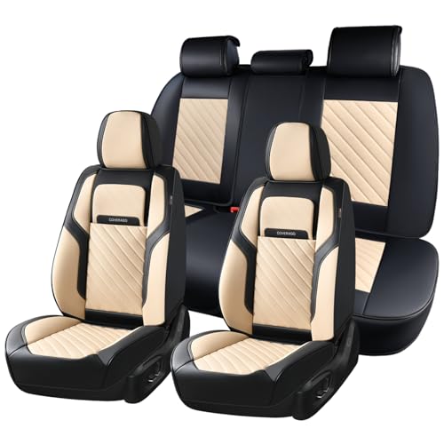 Coverado Car Seat Covers Full Set 5 Pieces, Luxury Nappa Leather Seat Covers Universal Fit Waterproof Non-Slip Breathable Front & Back Automotive Seat Protectors for Cars, SUVs, Trucks - color: BlackBeige-0, size: FullSet