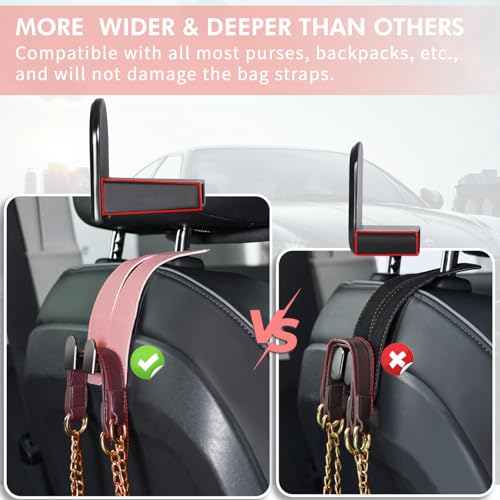 Car Hooks for Headrest, Leather Car Seat Back Storage Organizer Interior Accessories, More Wide & Deep Auto Seat Hook Hangers for Purse Umbrellas Handbag Clothes Coats Grocery Bags (Pink-2 Pack)