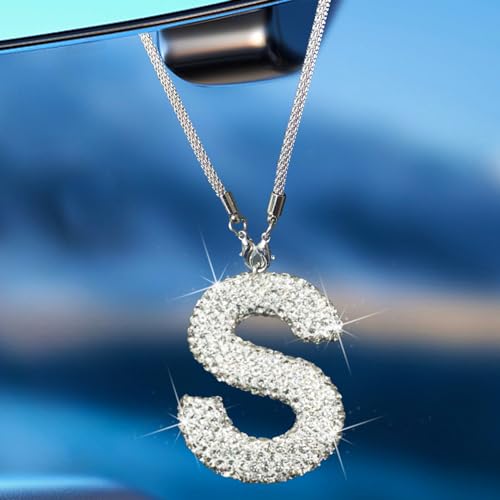 Bling Car Letter Charm, Rear View Mirror Ornament Cute Hanging Crystal Pendant Bling Car Accessories, Lucky Diamond Rhinestone Women Charm Auto Decoration (White S) - color: White S
