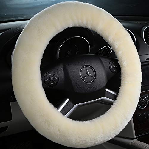 Fuzzy Sheepskin Steering Wheel Cover for Women | Warm & Fluffy Universal Auto Girly Accessories | Soft Lamb Fur for Cold Winters & Hot Summers | 14 1/2 inch-15 1/2inch Steering Wheel, Cream White - color: Cream White