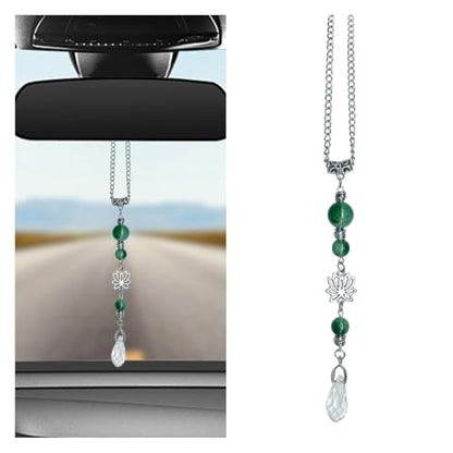 ZIMISI Lotus Flower Car Mirror Hanging Accessories, Lucky Crystal Car Rear View Mirror Charm, Bling Green Stone Hanging Ornament Pendant, Boho Healing Automotive Interior Accessories